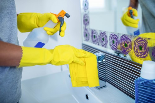 Local cleaner working in a Hackney flat kitchen